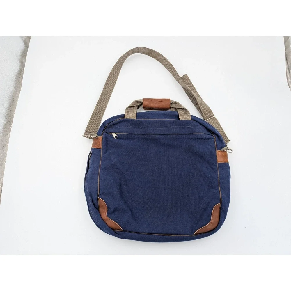 Jansport Messenger Laptop Bag Shoulder Strap Blue Canvas Leather Made In USA VTG